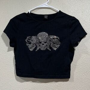 Black Rhinestone Graphic Skull Crop Top